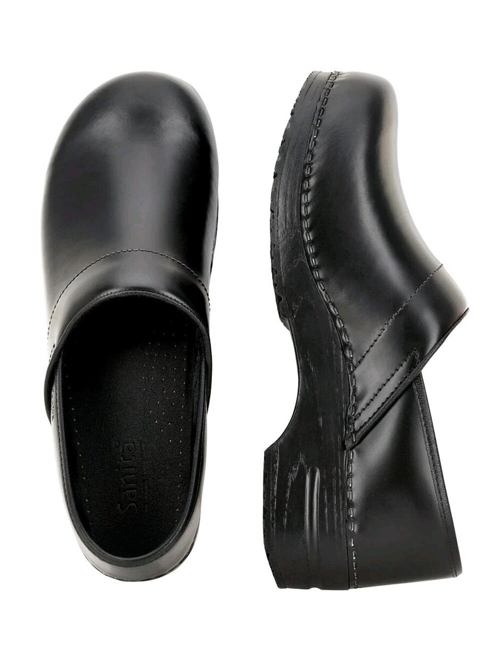 NWOB $133 Sanita Professional CABRIO Black Leather Clogs 38 = 7 / 7.5 M